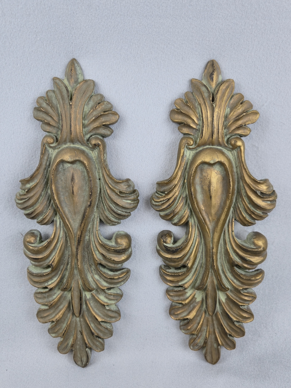 Vintage Hollywood Regency Gold & Verdigris Wall Sconce Plaques Pair 14"